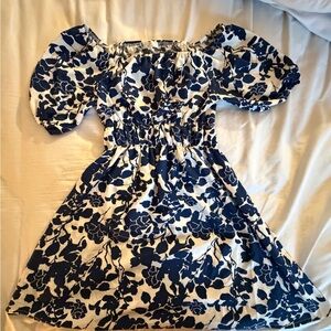 Off-Shoulder Blue Floral Midi Dress with Smocked Waist